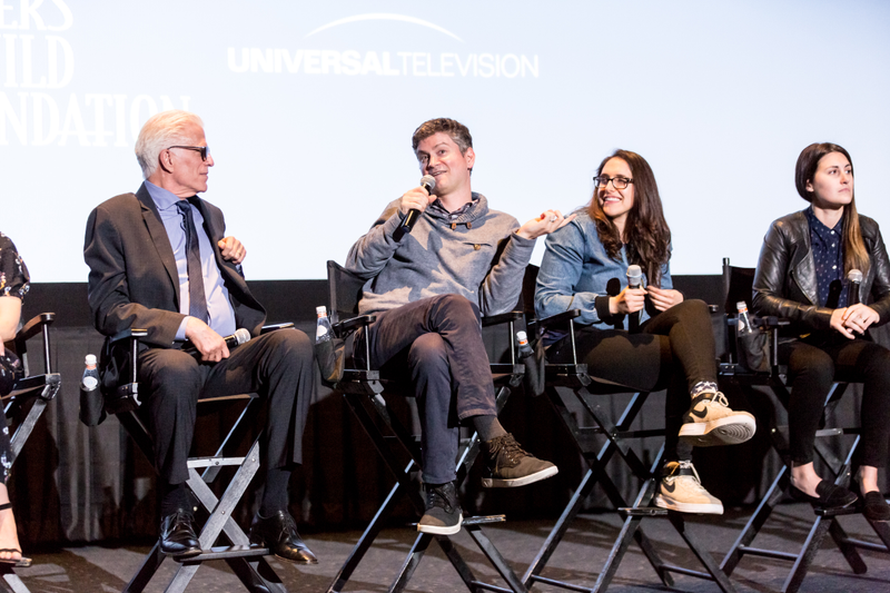 Schur (second from left), Amram, and Statsky on a 2017 Good Place panel with Ted Danson